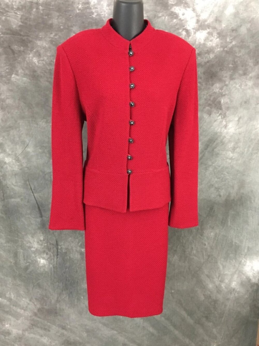 BEAUTIFUL St John evening knit red shimmer jacket skirt suit size 10